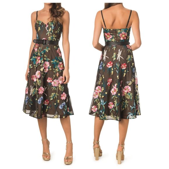 Dress the Population Carlita Belted Embroidered Midi-Dress Black - Picture 1 of 3